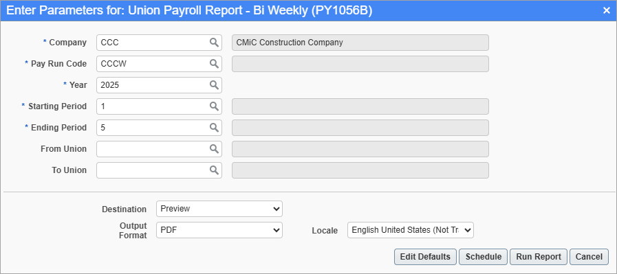 Screenshot of parameter screen for Union Payroll Report Bi Weekly.
