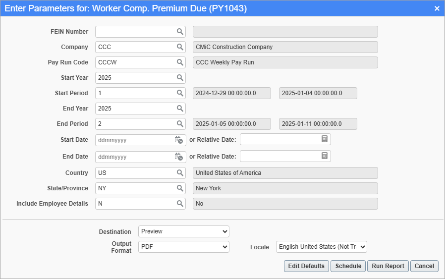 Screenshot of Workmen's Compensation Premium Due report parameter screen.