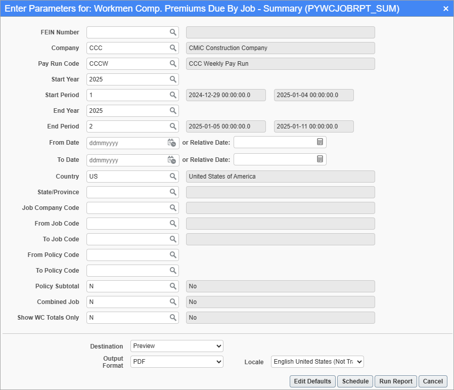 Screenshot of Workmen's Compensation Premium Due By Job Summary report parameter screen.
