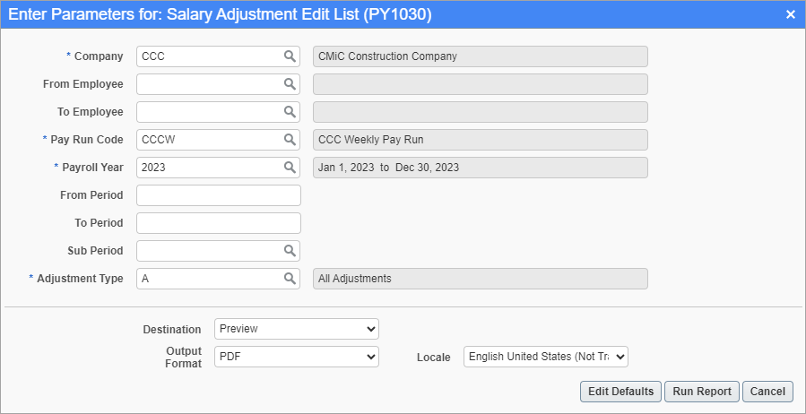 Screenshot of Salary Adjustment Edit List