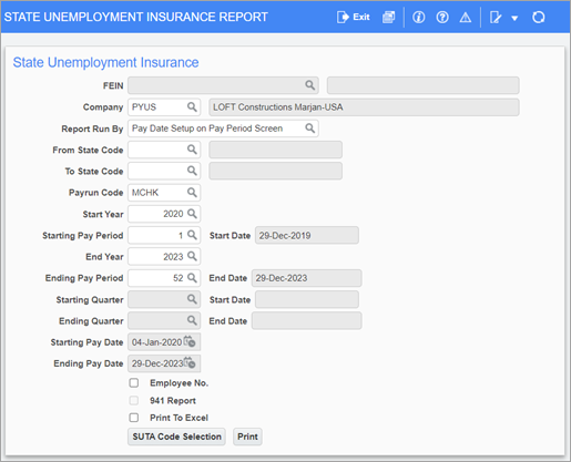 Screenshot of State Unemployment Insurance Report screen