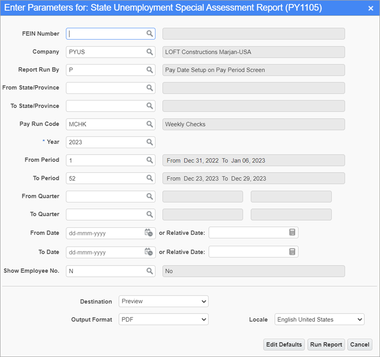 Screenshot of State Unemployment Special Assessment Report screen