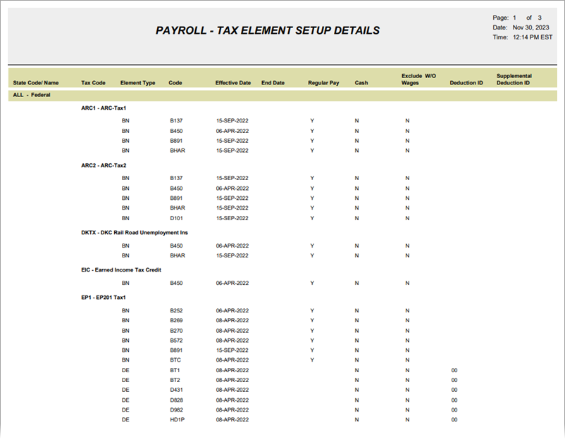 Image of sample Tax Element Setup Details report