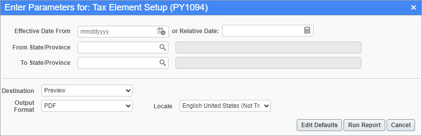 Screenshot of Tax Element Setup screen