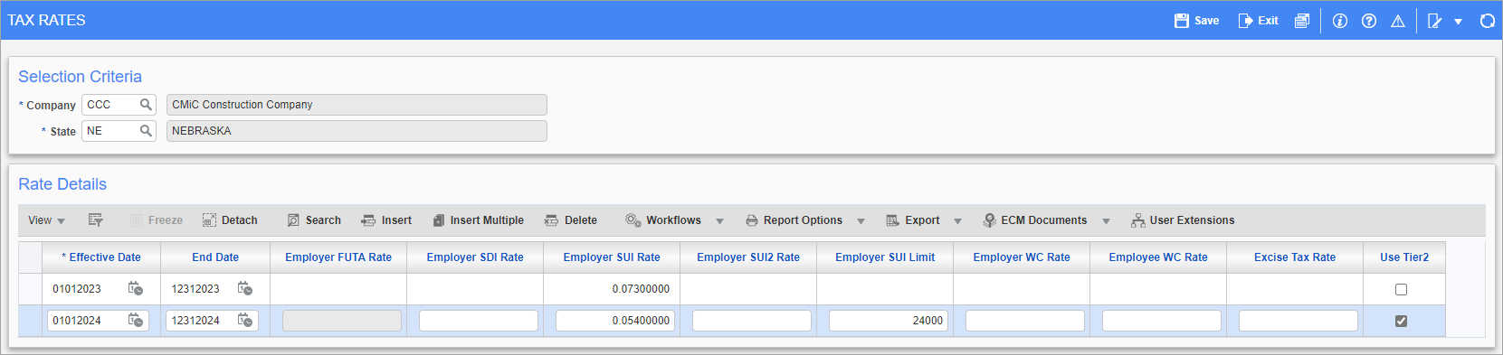 Screenshot of Tax Rates