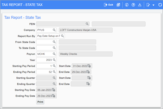 Screenshot of Tax Report - State Tax screen