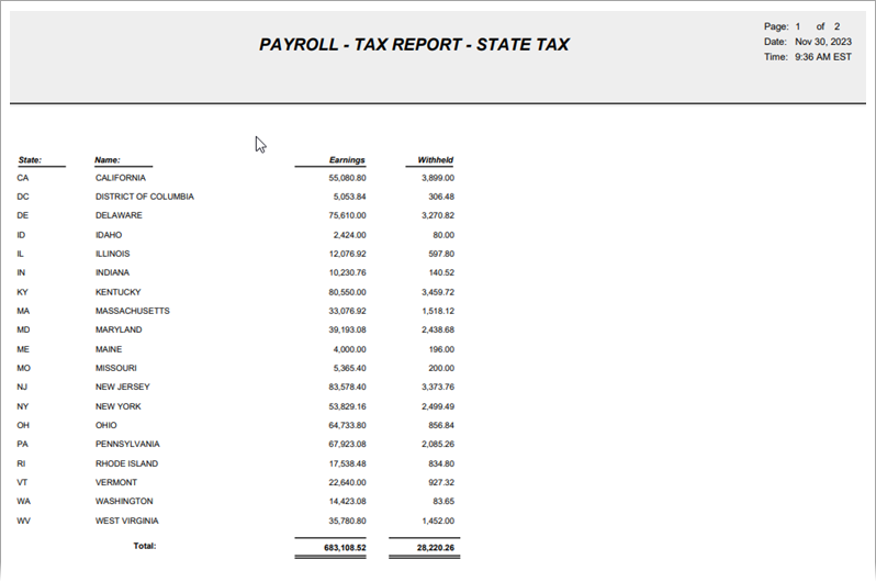 Image of sample Tax Report - State Tax 