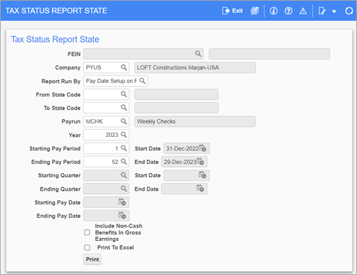 Screenshot of Tax Status Report State screen
