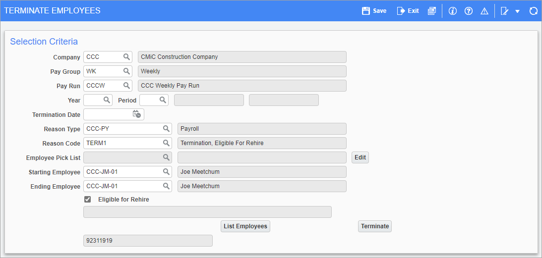 Screenshot of Terminate Employees.