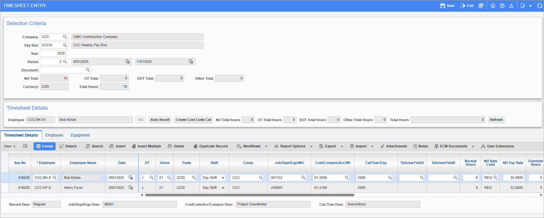 Screenshot of Timesheet Entry.
