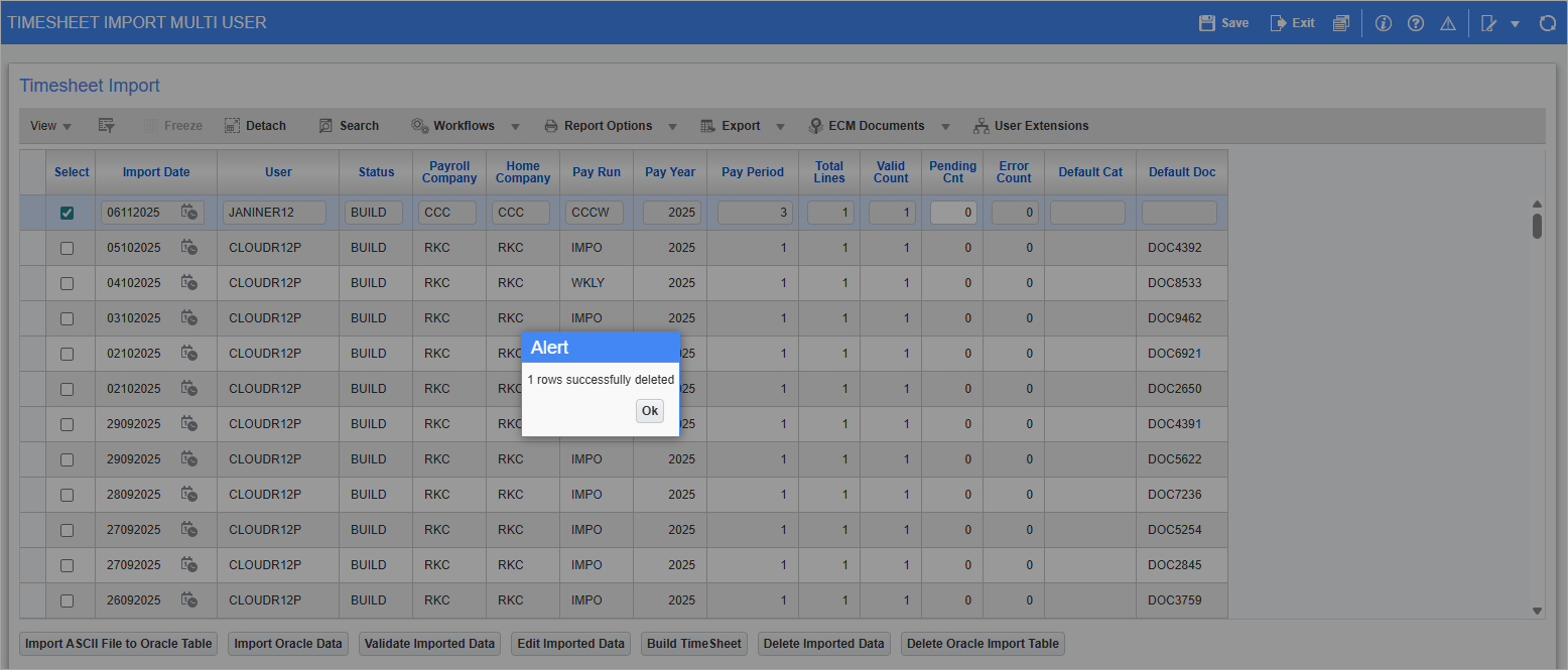 Screenshot of Timesheet Import Multi User with alert for deletion.