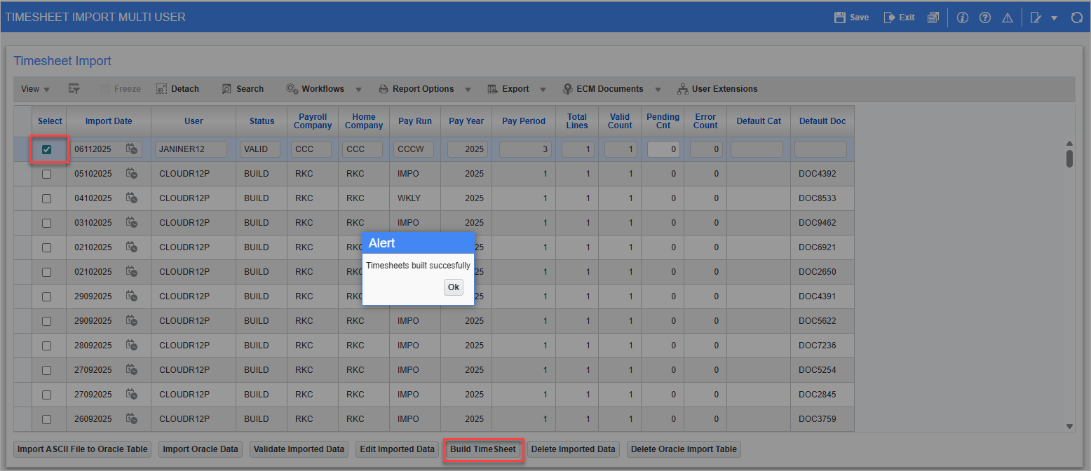 Screenshot of Timesheet Import Multi User