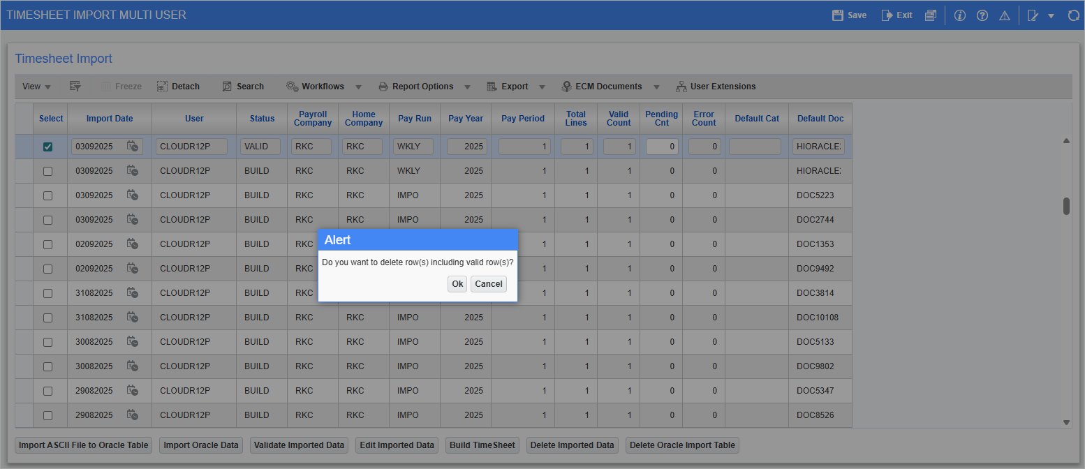 Screenshot of Timesheet Import Multi User with alert for deletion.