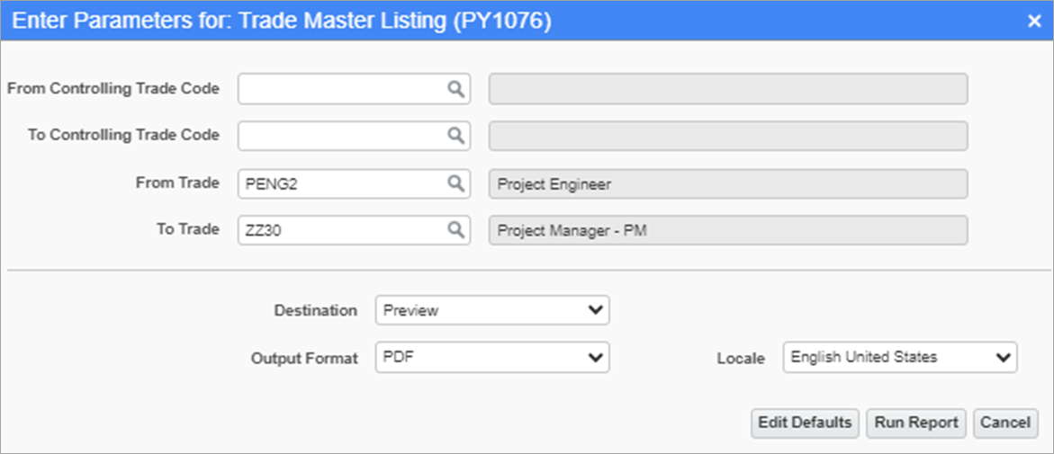 Screenshot of Trade Master Listing parameter screen