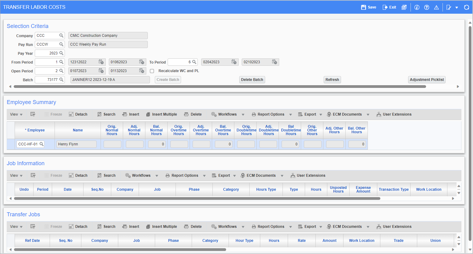 Screenshot of Transfer Labor Costs screen