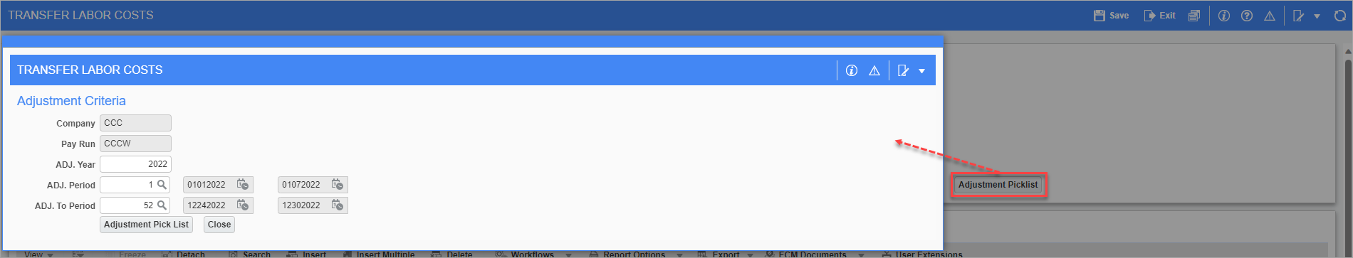 Screenshot of Adjustment Picklist pop-up screen
