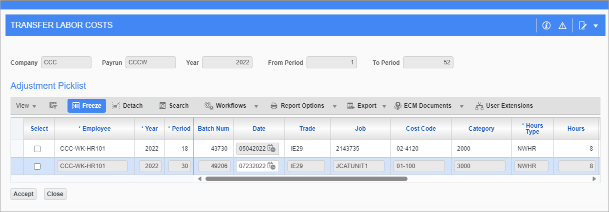 Screenshot of Adjustment Picklist screen