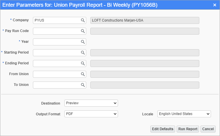Screenshot of parameter screen for Union Payroll Report Bi-Weekly