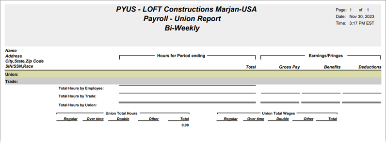 Image of sample Union Payroll Report for Bi-Weekly employees