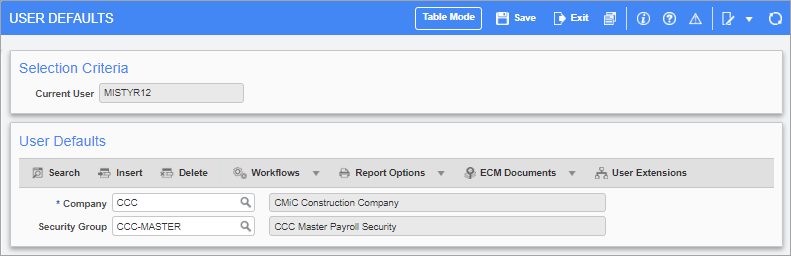 Screenshot of User Defaults screen.