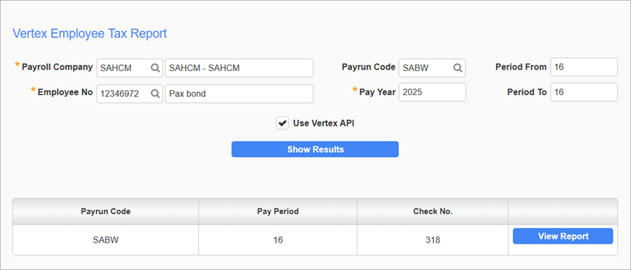 Screenshot of Vertex Employee Tax Report with results.
