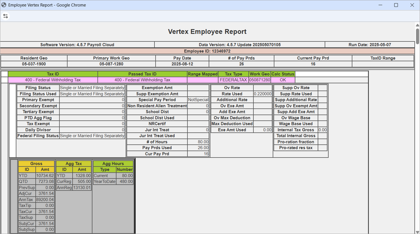 Example of tax report generated.