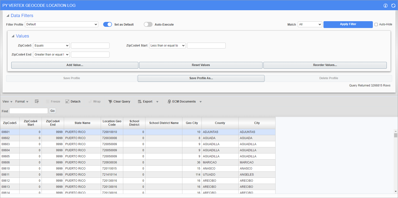 Screenshot of Vertex Geocode Location Log