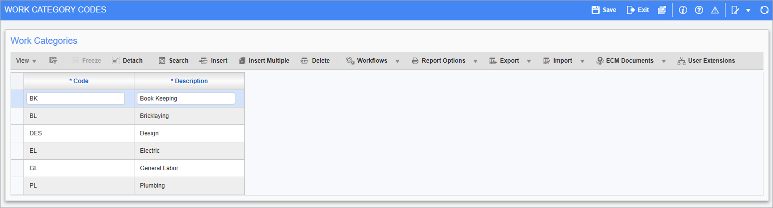Screenshot of Work Category Codes.