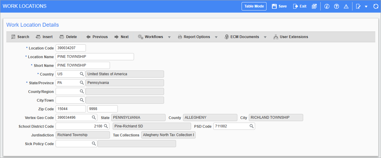 Screenshot of Work Locations in form mode.
