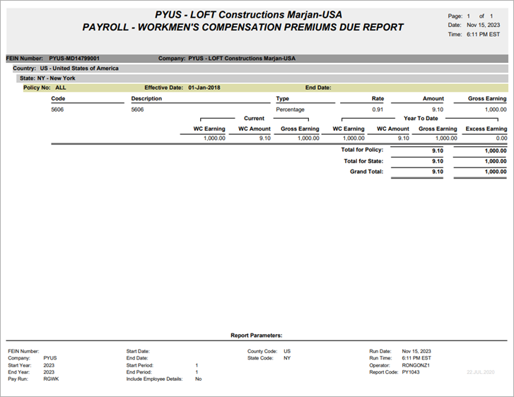 Image of sample Workmen's Compensation Premiums Due Report