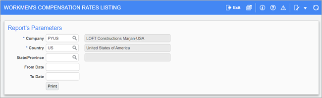 Screenshot of Workmen's Compensation Rates Listing report parameter screen