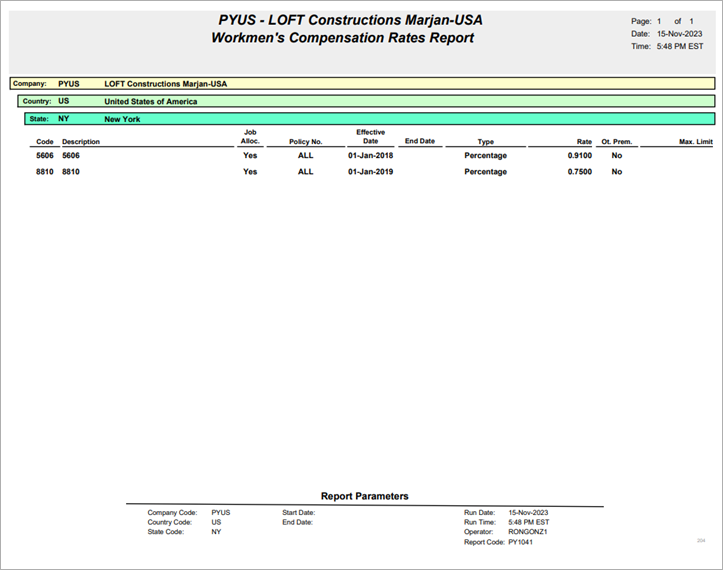 Image of sample Workmen's Compensation Rates Report