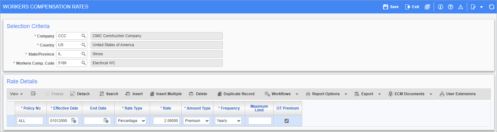 Screenshot of Workers' Compensation Rates