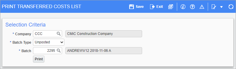 Screenshot of Print Transferred Costs List screen