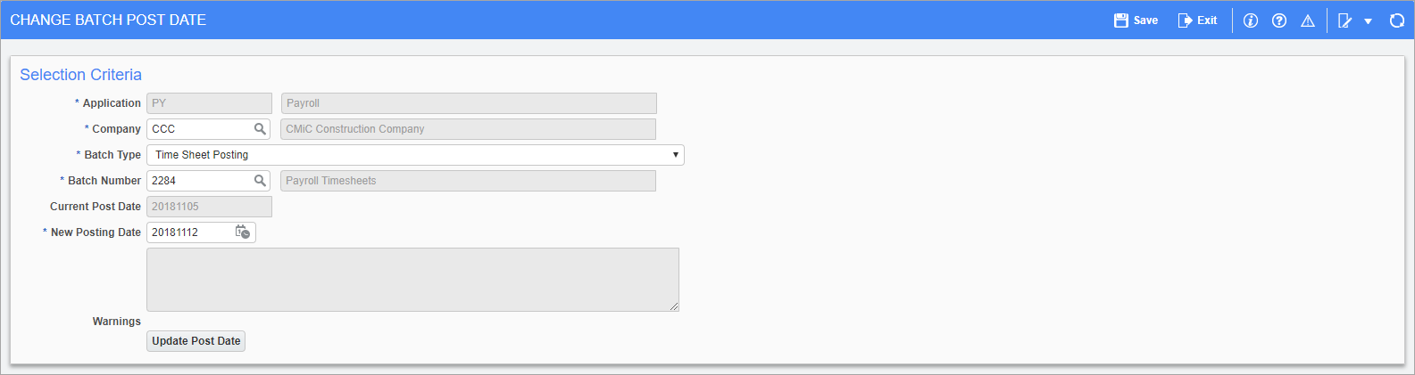 Screenshot of Change Batch Post Date.