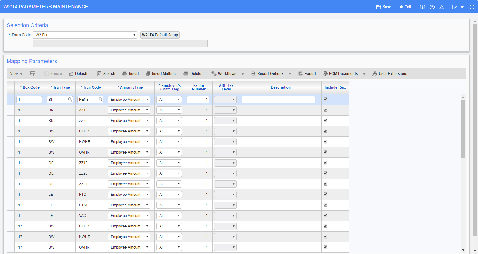 W2/T4 Mapping Parameters