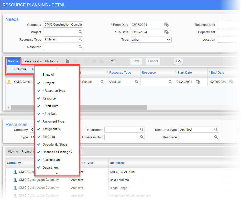 Setting column visibility on the Detail screen