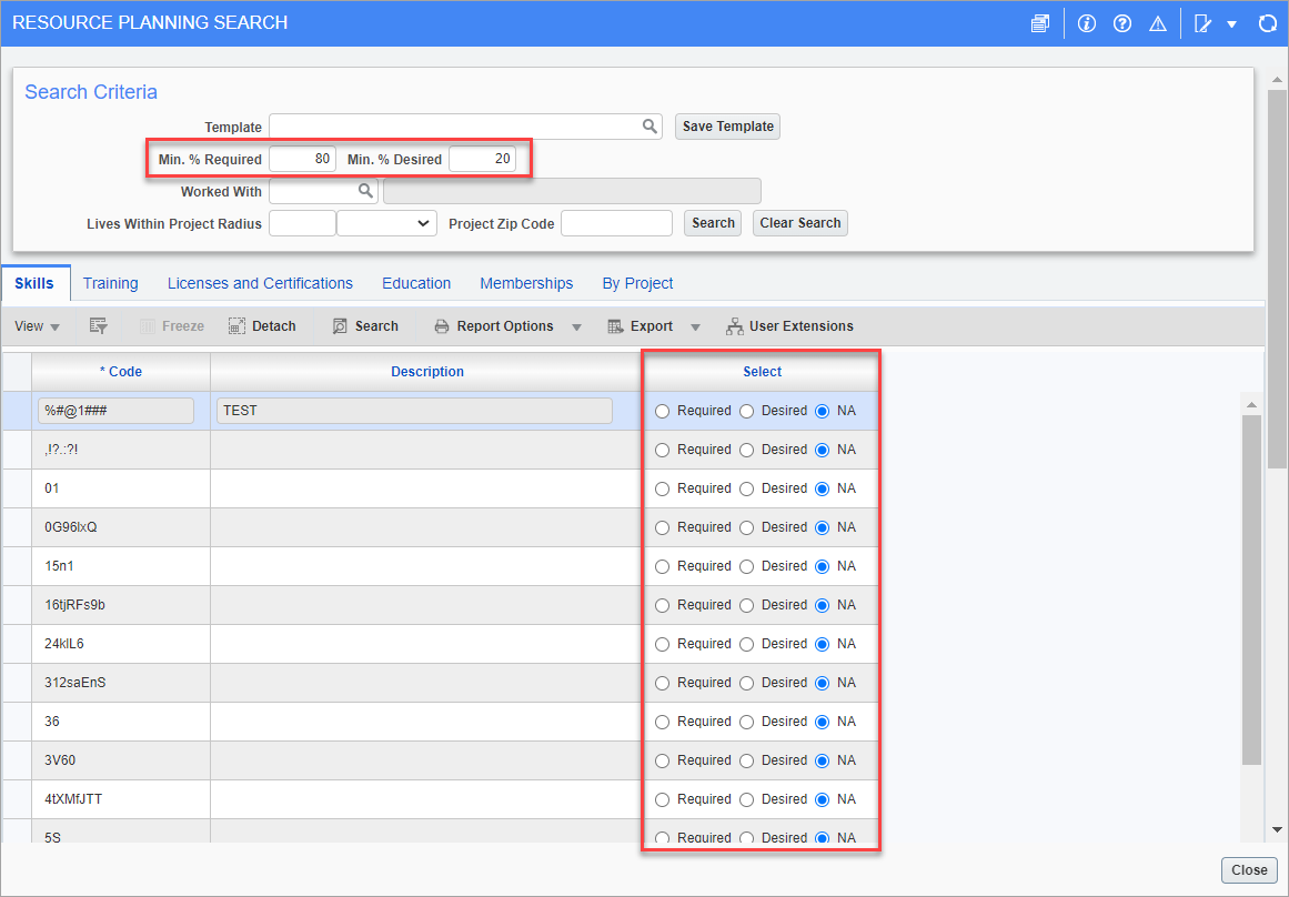 Highlighting the Min. % Required and Min. % Desired filters in the Resource Planning Search screen