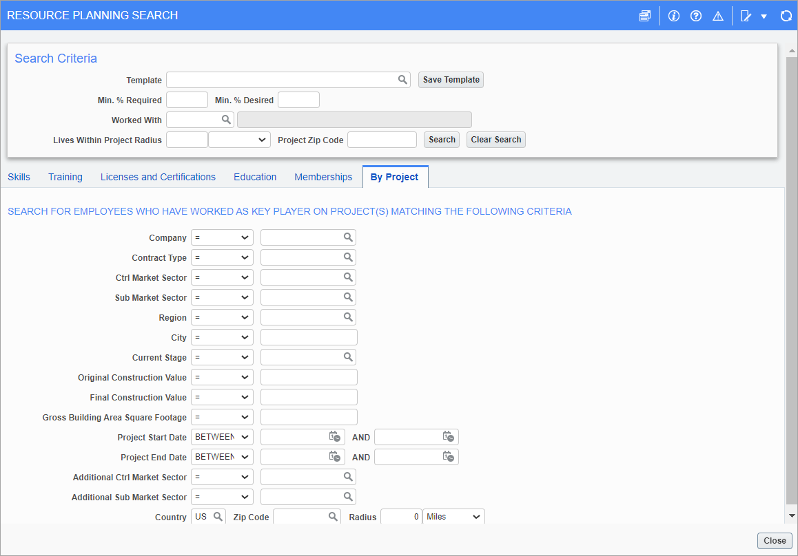 Project tab on Resource Planning Search screen