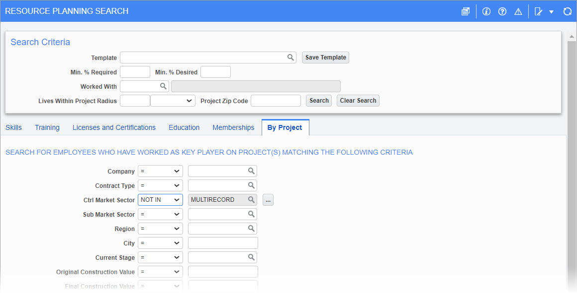 By Project tab of the Resource Planning Search pop-up window