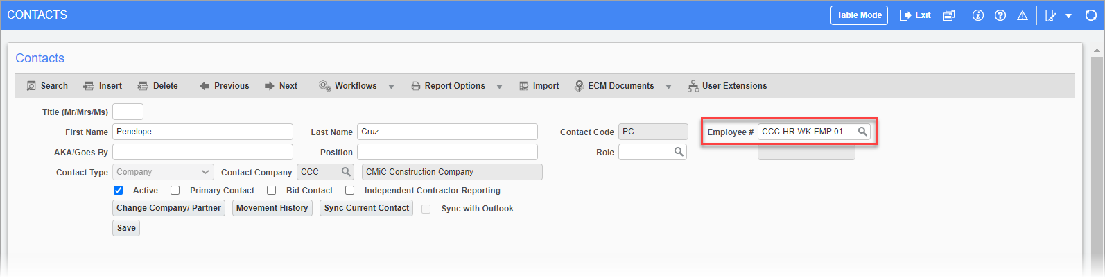 Employee # field in the Contact's record of Opportunity Management