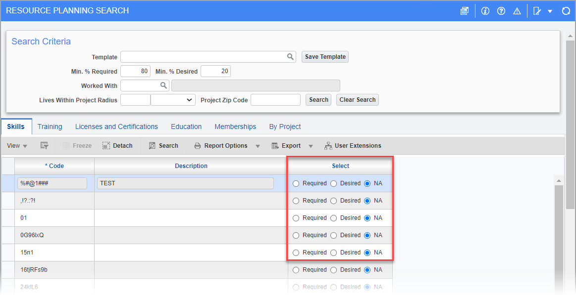 Min. % Required and Min. % Desired fields show partial matches in the Search results