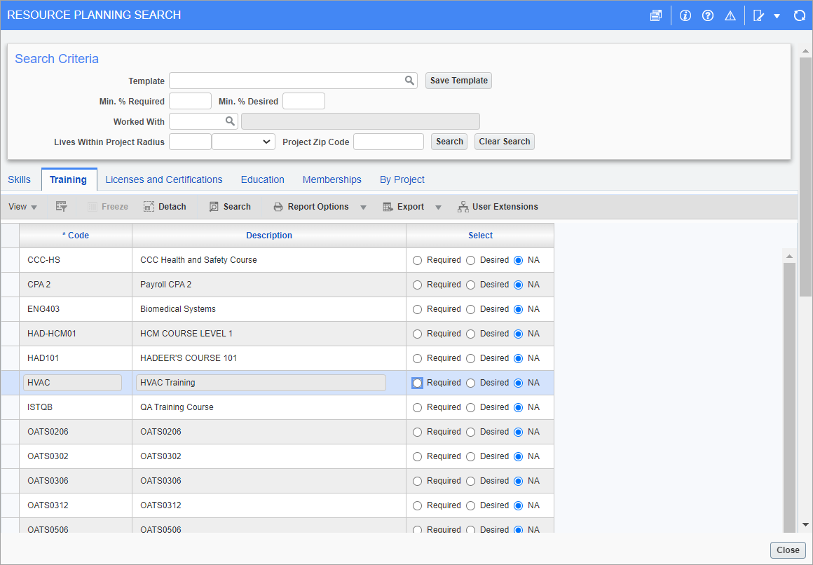 Training tab on Resource Planning Search screen