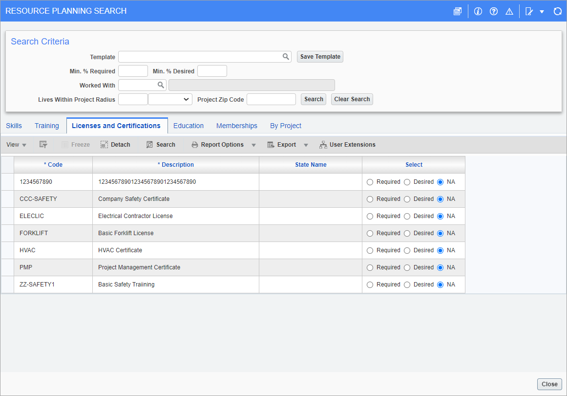 Licenses and Certifications tab on Resource Planning Search screen