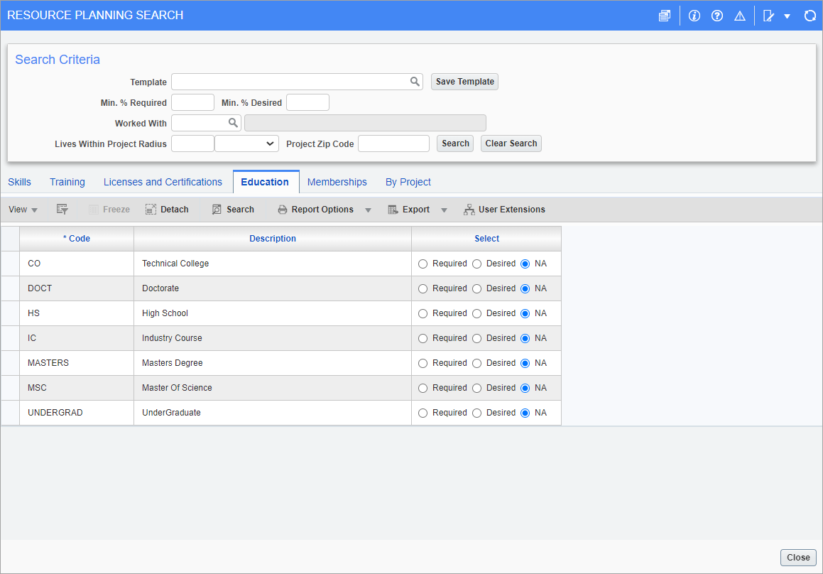  Education tab on Resource Planning Search screen