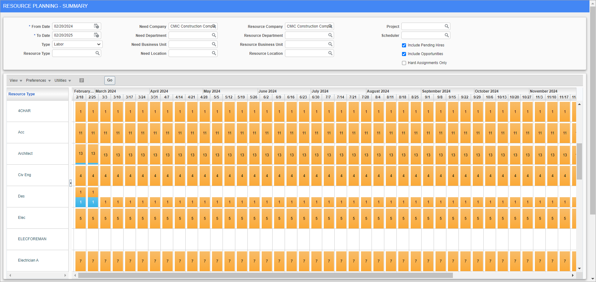 Resource Planning Summary screen