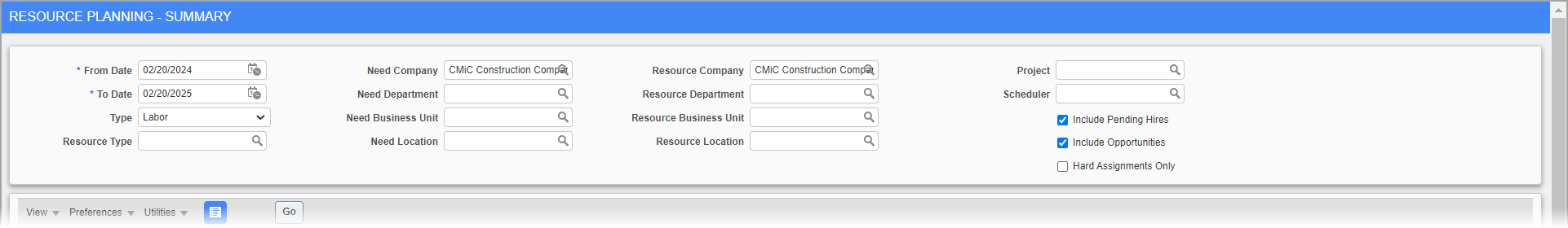 Filter section of the Resource Planning Summary screen