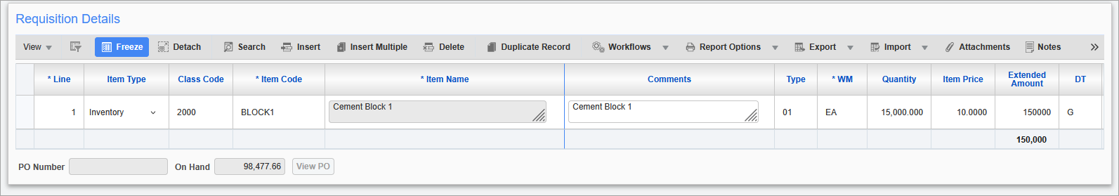 Sample of the Requisition Details section on the Requisitions Entry screen