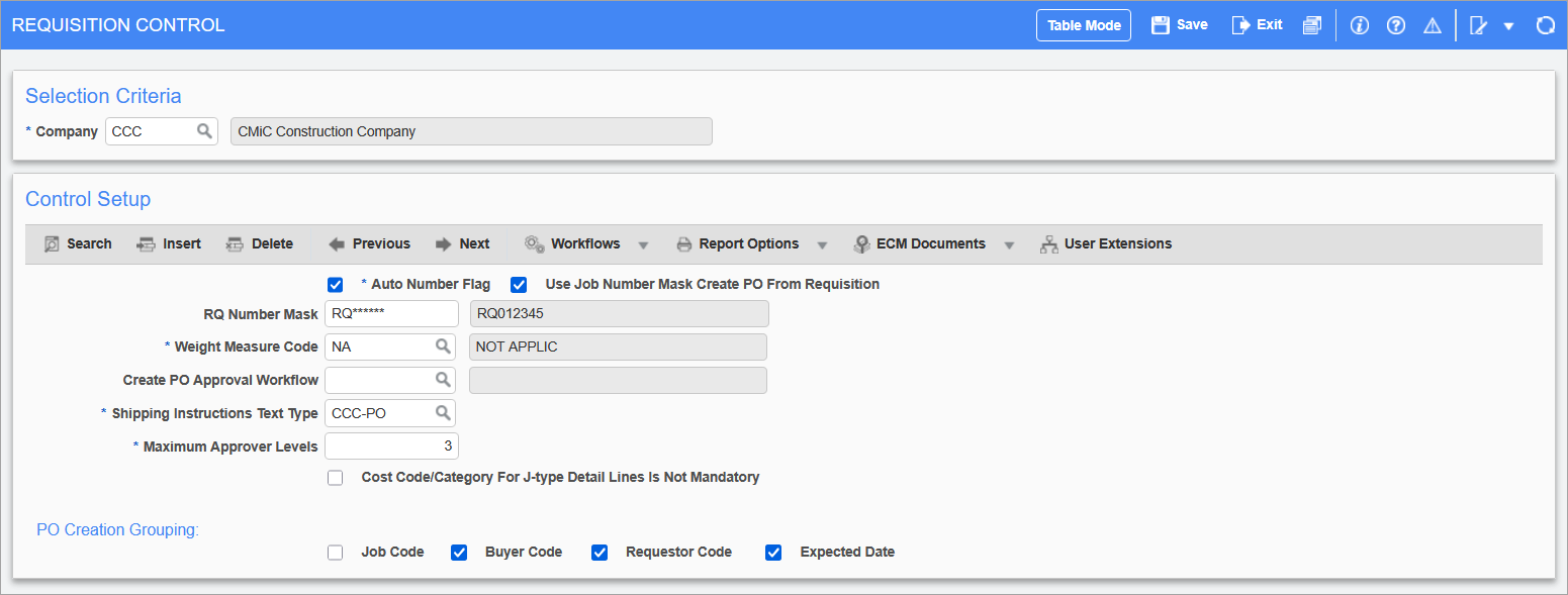 Sample of the Requisition Control screen