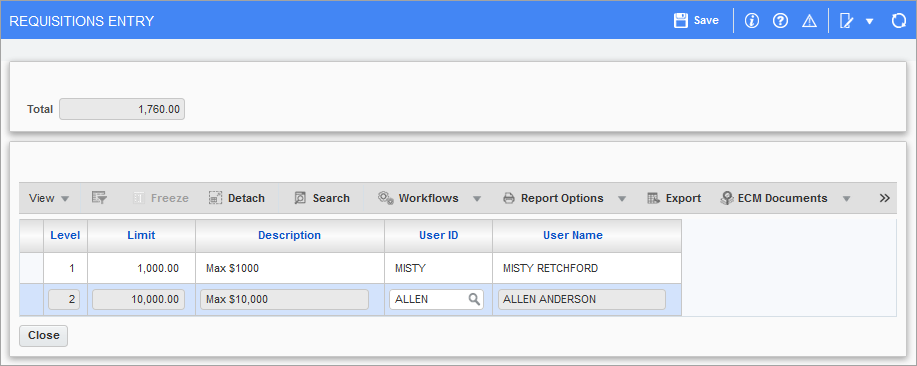 Screenshot of pp-up window launched from [Approver] button on the Requisitions Entry screen